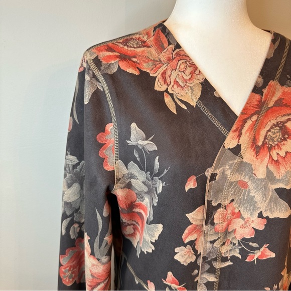Solitaire Anthropologie Gray Floral Faux Suede Open Front Duster Jacket XL - Picture 4 of 15